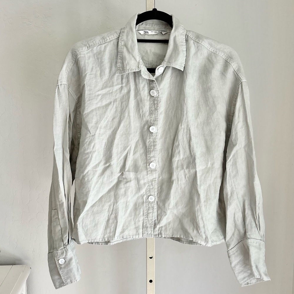Zara Cropped Linen Blend 90s Style Button Down Shirt in Pale Gray, XL